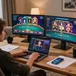 Engaged in responsible online gambling at https://mm88.today/ with a stylish home gaming setup showcasing dynamic gameplay