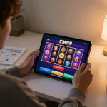 Player engages with CM88 casino app on tablet, showcasing responsible online gaming.