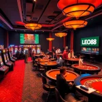 LEO88 players enjoying high stakes at a luxurious casino table, surrounded by vibrant slot machines.