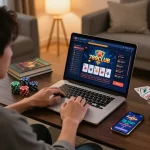 Engaging with 789CLUB during online gambling in a cozy living room.