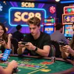 Players enjoying SC88 online gambling experience, showcasing excitement and dynamic game visuals.