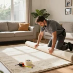 Home carpet fitting services in a warm living room installation with professional fitter.