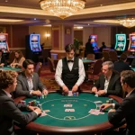 Engage in thrilling gameplay at AW8 casino with vibrant poker tables and dynamic lighting