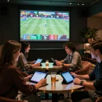 Engaged players placing bets at FC88's stylish sports betting lounge with live game odds displayed