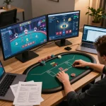 Intentionally gaming at manclub poker setup while analyzing strategies and odds with multiple screens.
