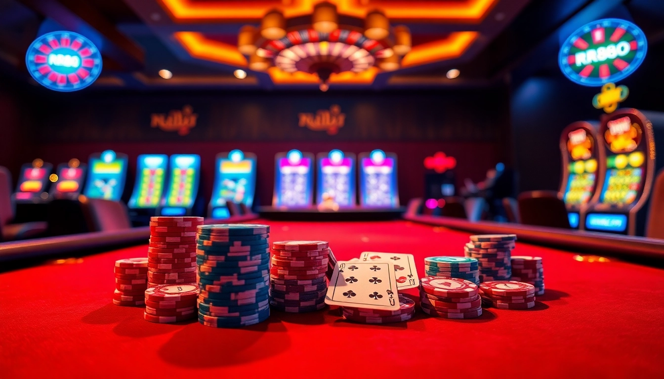 Join the thrilling poker action at RR88 com, featuring vibrant chips and cards on a luxurious table.