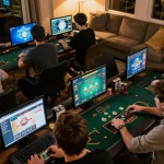 Players engaging with F168's online casino games in a cozy home environment, showing excitement and strategic gameplay