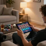 Player engaged in online slots gaming with LINK DA88 on tablet at home, showcasing a cozy atmosphere.