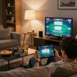 Engaging in online casino gaming at home with https://f168biz.com/ displayed on tablet screen in cozy living room.