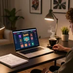 Player enjoying online gambling at 5699 website, highlighting cozy gaming setup and responsible habits.