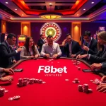 Engaging players at F8bet ventures poker table amidst an exciting casino atmosphere.