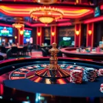 Experience the thrill of QQ88 casino with poker chips and roulette in a vibrant, luxurious setting.