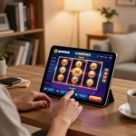 Player enjoying gem88 casino app on tablet, surrounded by strategy books in a cozy setting.