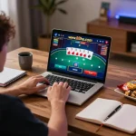 Player enjoying online casino games at ww88ho.com on a laptop in a cozy home setup, illustrating engaging gaming atmosphere.