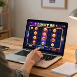 Player spinning Lucky 88 slot game on laptop at home, showing vibrant screen and strategic setup.