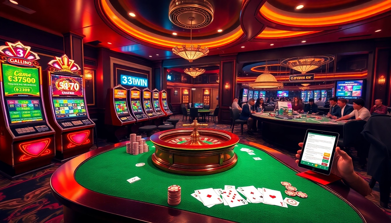 Players experiencing exciting moments at 33WIN casino with vibrant slot machines and a roulette wheel.