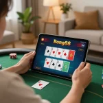 Bong88 player engaging in online poker strategy on a tablet in a cozy home setting