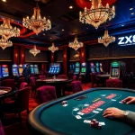 Exciting gaming action at ZX88 casino with poker players and vibrant slot machines.