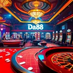 Experience the thrill of Da88 online betting with a vibrant casino scene featuring roulette, tables, and slot machines.