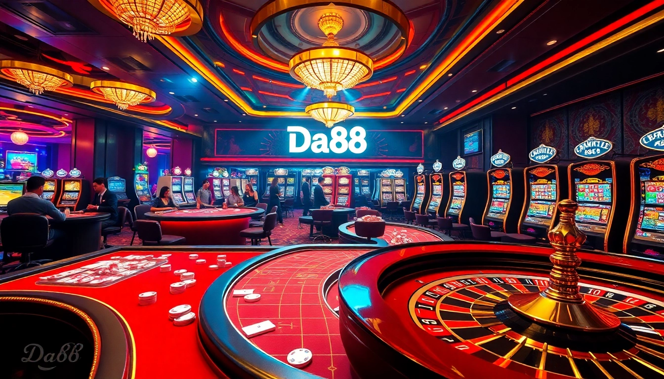 Experience the thrill of Da88 online betting with a vibrant casino scene featuring roulette, tables, and slot machines.