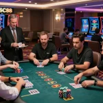 Engaging casino gaming experience at SC88 with players and a professional dealer.