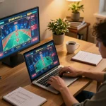 Person engaged in live dealer games on F168, highlighting dynamic online gambling experience in a cozy setting.