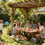 Pergola configurator showcasing a family enjoying a picnic under a beautifully designed pergola in a lush garden setting.