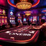 High-stakes excitement at a ONE88 casino table with players, chips, and vibrant slot machines.
