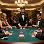 Engaging high-stakes blackjack game at the casino with strategic play around da88 table.