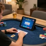 RR88 players engaging in an intense online poker game, showcasing strategic gameplay in a cozy home setting