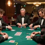 VT88 poker players intensely strategizing their moves at an upscale game table surrounded by a sophisticated atmosphere.
