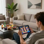 Engaged player enjoying LV88 slot games on tablet, showcasing modern online casino experience