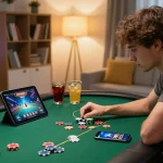 Player engaging in online poker on go88, showcasing an immersive home gaming setup with tablet and snacks.