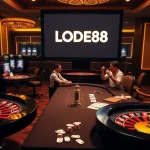 Players enjoying high-stakes games at LODE88 casino, showcasing luxury and excitement.