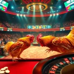Live action of đá gà trực tiếp, showcasing a thrilling chicken fight with vibrant crowd engagement.