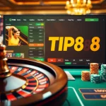Experience the excitement of TIP88 with a dynamic casino scene showcasing poker chips and roulette.