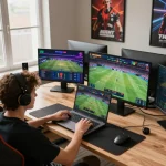 TOPBET sports betting in action on a laptop in a vibrant online gaming setup.