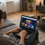 Engaging with LINK KU88 on a laptop at home, showcasing an inviting online gambling experience in a cozy atmosphere