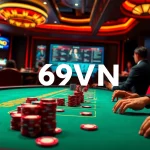 Exciting gameplay at 69VN casino table with poker chips and roulette wheel.