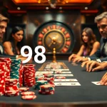 Experience the thrill of high-stakes poker with 98win's exciting gaming environment and vibrant chips.