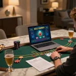 Engaging in LINK VIN88 live blackjack gaming at home with strategic notes and refreshments, showcasing responsible gambling.