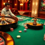 Exciting casino scene with a roulette wheel and poker chips, showcasing 22JL gaming thrill.