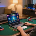 Dynamic online gaming scene on trang chủ 789bet with player using laptop, showcasing thrilling casino graphics.