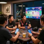 Engaged viewers enjoying live cockfighting bets at https://bj388.my with vibrant atmosphere.