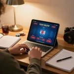 Play poker at home with xocdiaclub on a tablet, surrounded by strategy notes and cozy ambiance