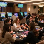 Players engaging in live sports betting at vu88 lounge with excitement and camaraderie.