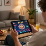 Player engaged in online gaming at SC88 on tablet in cozy living room atmosphere.
