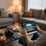 Engaging in online blackjack on a tablet while enjoying cozy home ambiance.