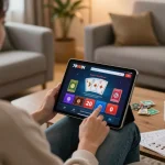 Engaging with 78win đăng nhập on a tablet in a cozy home setting, showcasing online gaming excitement