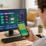 SKY88 mobile user placing sports bets on app during an exciting game.